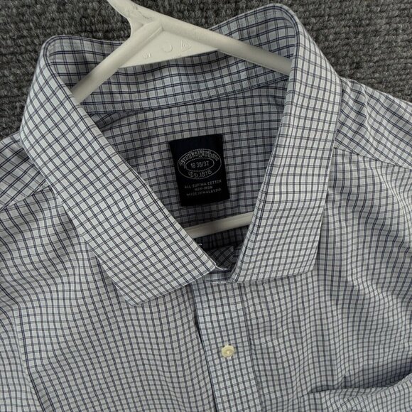 Brooks Brothers Non Iron Button Up Shirt Men 18 36/37 Supima Cotton Blue Check - Picture 7 of 11